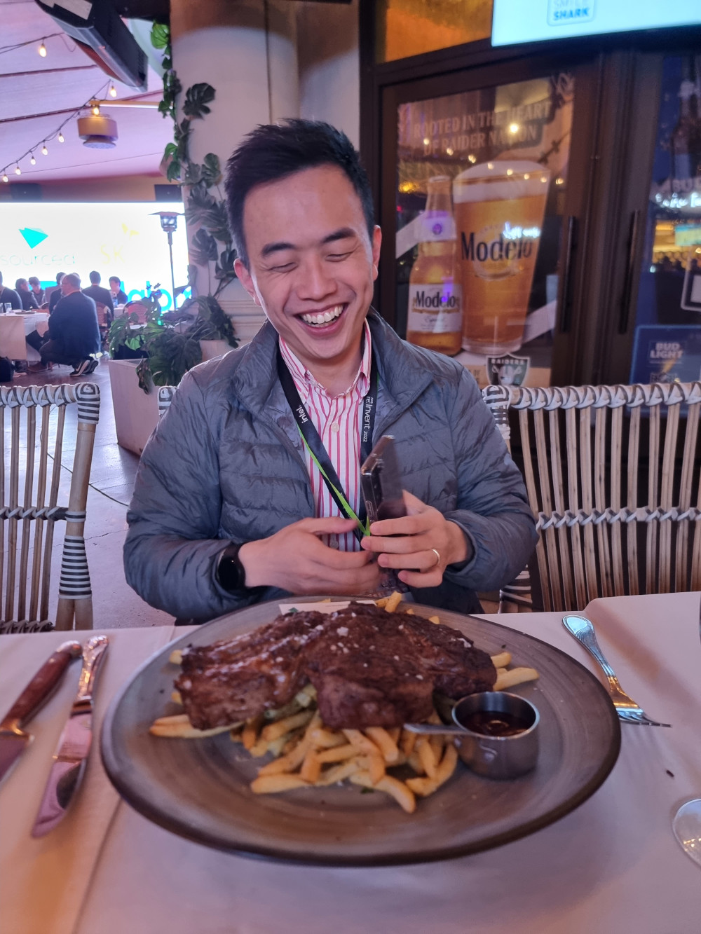 KZ about to enjoy a giant steak at the Partner connect dinner